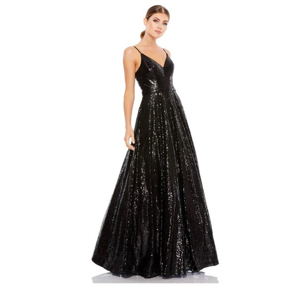 Mac Duggal V Neck Sequined Ball Gown Black 49483 - Picture 1 of 8